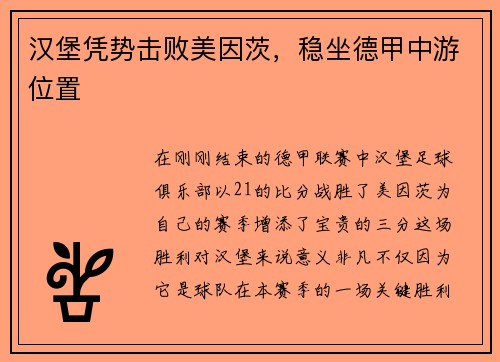 汉堡凭势击败美因茨，稳坐德甲中游位置