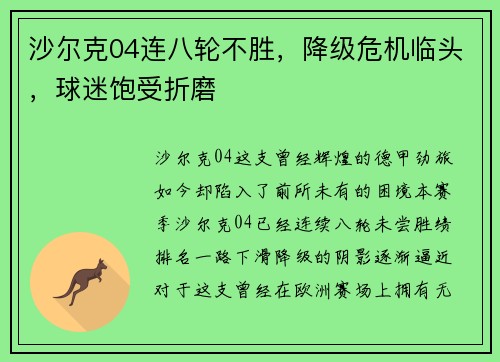 沙尔克04连八轮不胜，降级危机临头，球迷饱受折磨